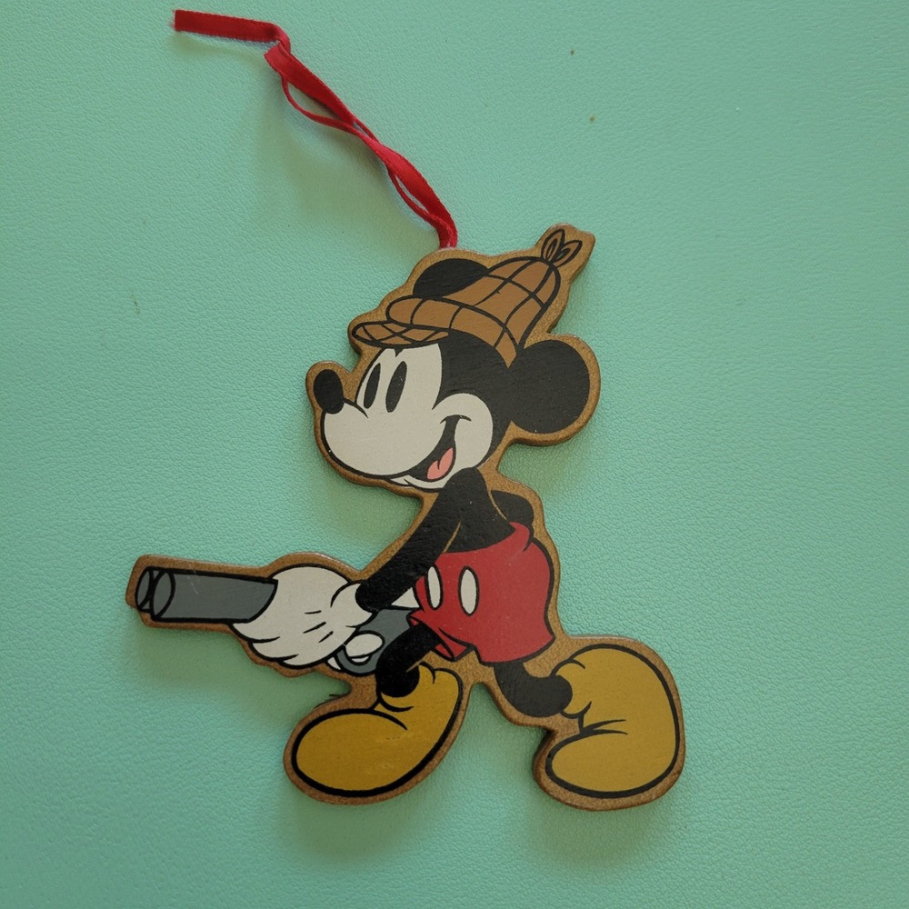 Disney Mickey Mouse Wood Christmas Ornament Deerstalker Hat Shotgun Retro